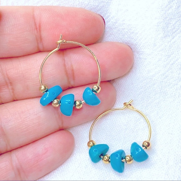 ❣️$25/3❣️ Blue & Gold Beads Hoop Earrings - Picture 4 of 7